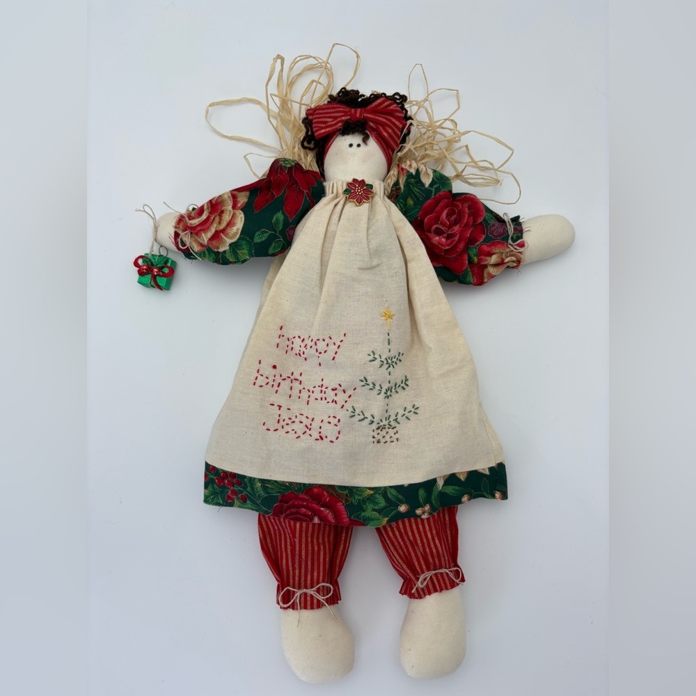 Festive Vintage Handmade Christmas Doll with Embroidered Dress